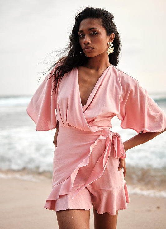 LINEN POPPY WRAP DRESS : BLUSH