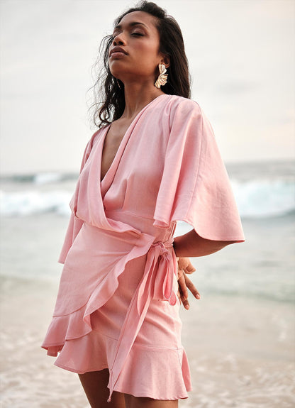 LINEN POPPY WRAP DRESS : BLUSH