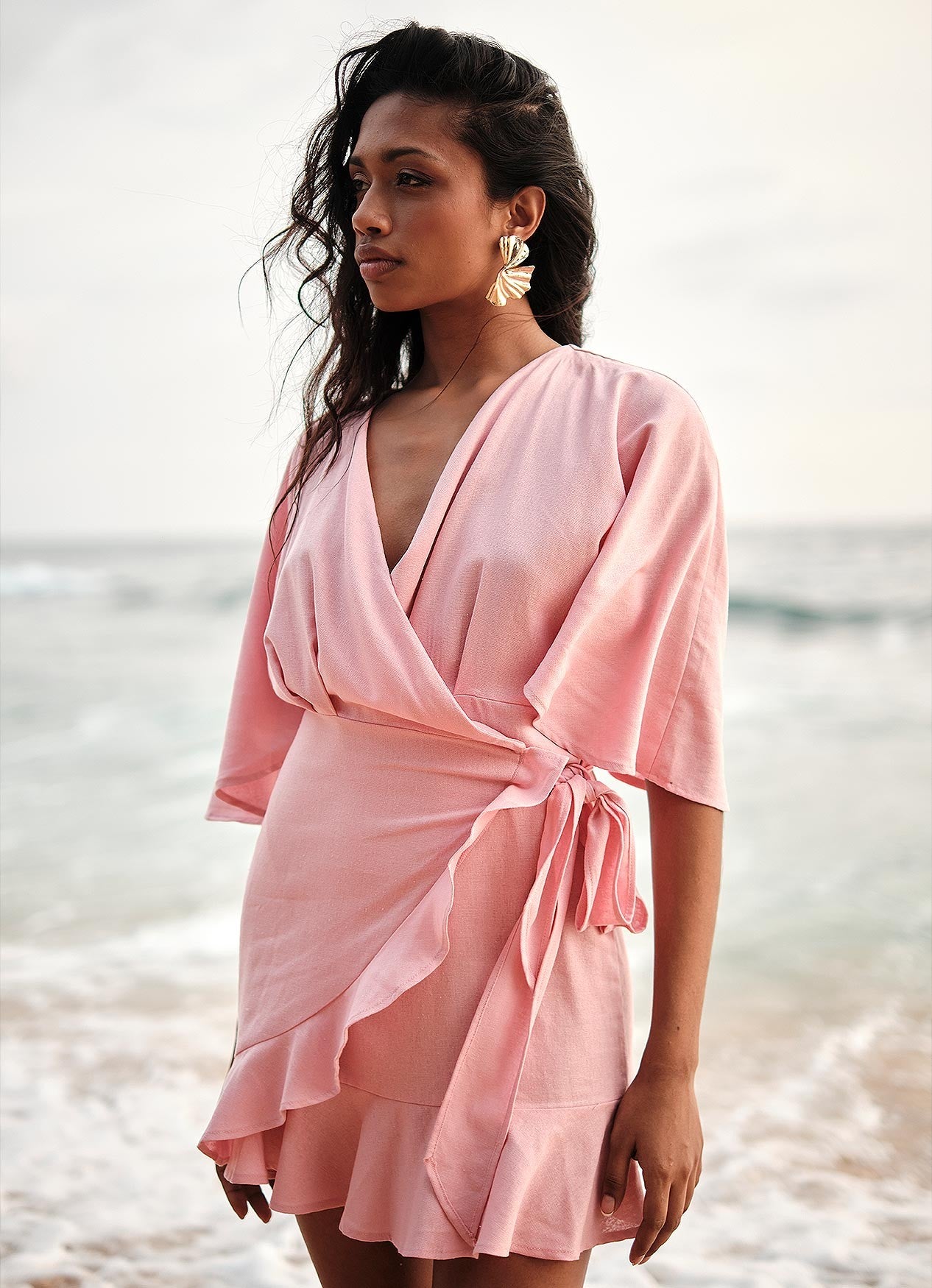 LINEN POPPY WRAP DRESS : BLUSH
