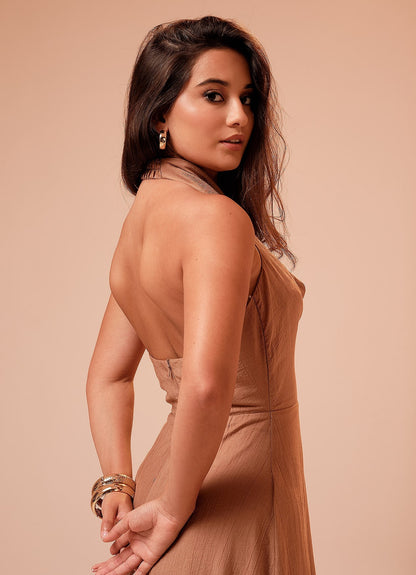 HARPER COWL DRESS : CARAMEL