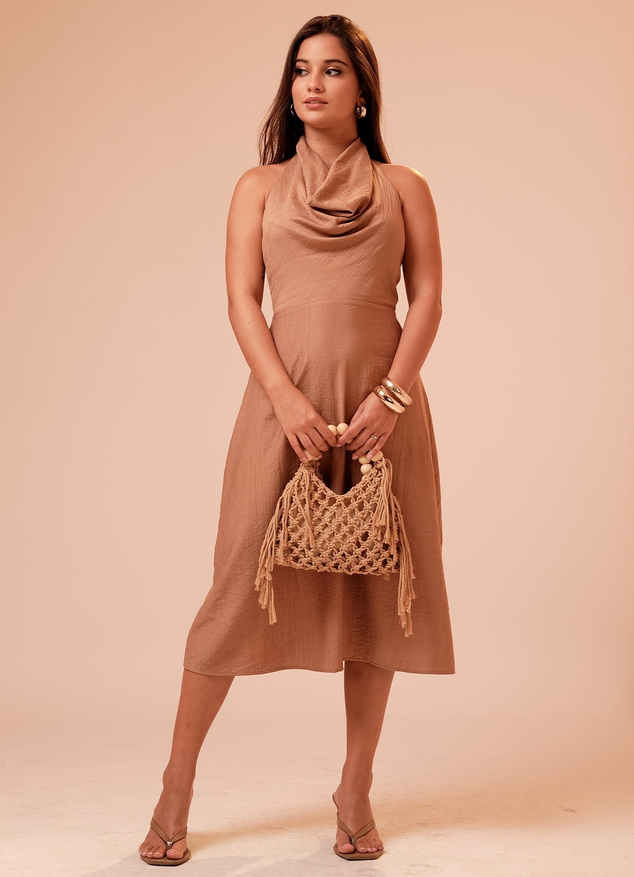 HARPER COWL DRESS : CARAMEL