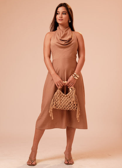 HARPER COWL DRESS : CARAMEL