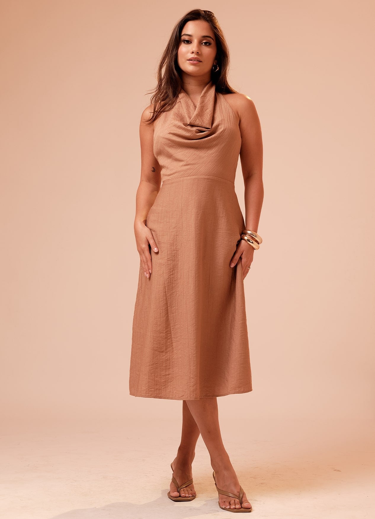 HARPER COWL DRESS : CARAMEL